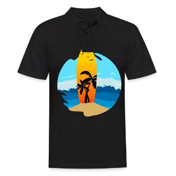 Une planche de surf avec des palmiers coincés dans le sable - Polo Homme - noir - Devant - Kai (181cm)