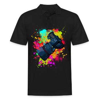 tolle Kamera mit Objektiv in Farbkleckse Geschenk - Männer Poloshirt - Schwarz - Vorne - Kai (181cm)