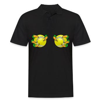 Zwei Padel Tennis Bälle auf Brust gehalten von - Männer Poloshirt - Schwarz - Vorne - Kai (181cm)