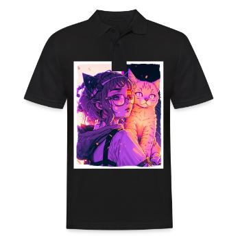 Anime Girl Katze Kätzchen Manga Ink Blume Neon - Männer Poloshirt - Schwarz - Vorne - Kai (181cm)
