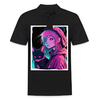 Anime Girl Katze Kätzchen Manga Ink Blume Neon - Männer Poloshirt - Schwarz - Vorne - Kai (181cm)