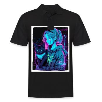 Anime Girl Katze Kätzchen Manga Ink Blume Neon - Männer Poloshirt - Schwarz - Vorne - Kai (181cm)