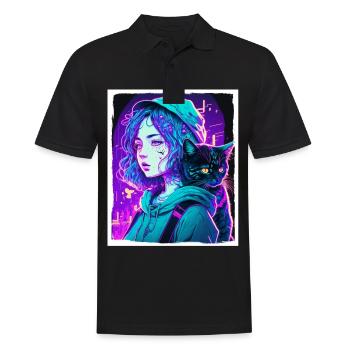 Anime Girl Katze Kätzchen Manga Ink Blume Neon - Männer Poloshirt - Schwarz - Vorne - Kai (181cm)