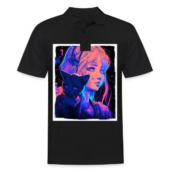 Anime Girl Katze Kätzchen Manga Ink Blume Neon - Männer Poloshirt - Schwarz - Vorne - Kai (181cm)