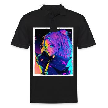 Anime Girl Katze Kätzchen Manga Ink Blume Neon - Männer Poloshirt - Schwarz - Vorne - Kai (181cm)