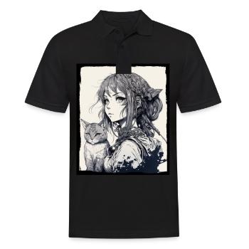 Anime Girl Katze Kätzchen Manga Ink Blume Neon - Männer Poloshirt - Schwarz - Vorne - Kai (181cm)