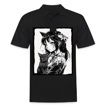 Anime Girl Katze Kätzchen Manga Ink Blume Neon - Männer Poloshirt - Schwarz - Vorne - Kai (181cm)