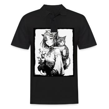 Anime Girl Katze Kätzchen Manga Ink Blume Neon - Männer Poloshirt - Schwarz - Vorne - Kai (181cm)