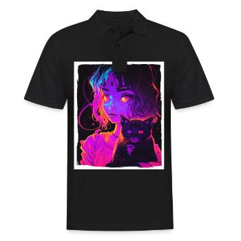 Anime Girl Katze Kätzchen Manga Ink Blume Neon - Männer Poloshirt - Schwarz - Vorne - Kai (181cm)