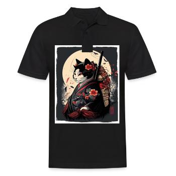 Japan Cherry Blossom Cat Japanese Geisha Abstract - Men's Polo Shirt - black - Front - Kai (181cm)