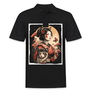 Japan Cherry Blossom Cat Japanese Geisha Abstract - Men's Polo Shirt - black - Front - Kai (181cm)