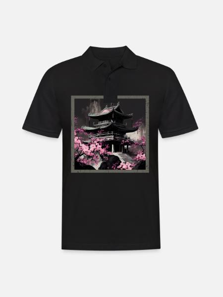 Temple japonais vintage des fleurs de cerisier Sakura - Polo Homme - noir