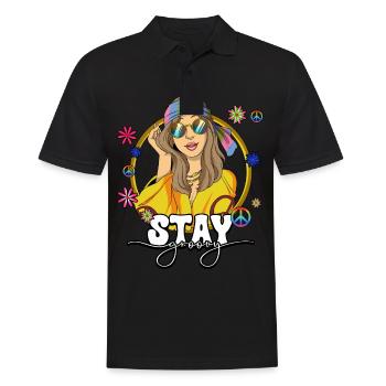60er 70er Jahre Kostüm Stay Groovy Hippie - Männer Poloshirt - Schwarz - Vorne - Kai (181cm)