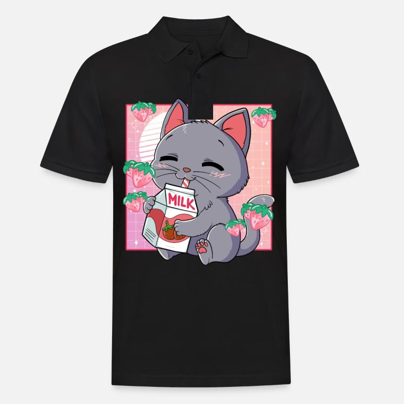 Kawaii Katze Erdbeermilch - Männer Poloshirt - Schwarz