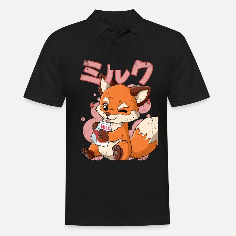 Kawaii Fuchs Erdbeermilch - Männer Poloshirt - Schwarz