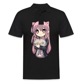 Anime Cats Kawaii Teen Otaku Girl With Cat - Men's Polo Shirt - black - Front - Kai (181cm)
