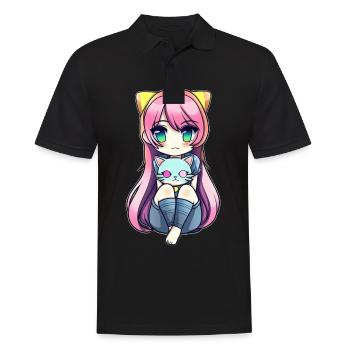Anime Cats Kawaii Teen Otaku Girl With Cat - Men's Polo Shirt - black - Front - Kai (181cm)