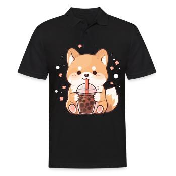 Kawaii Corgi Dog Drinks Boba Bubble Tea Chibi - Polo Homme - noir - Devant - Kai (181cm)
