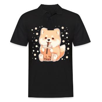 Kawaii Corgi Dog Drinks Boba Bubble Tea Chibi - Polo Homme - noir - Devant - Kai (181cm)