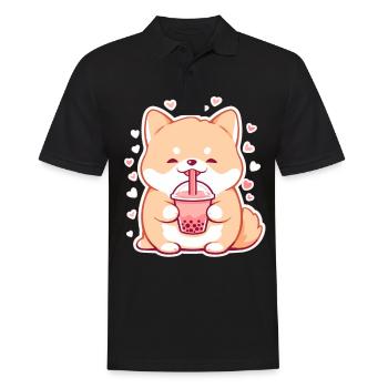Kawaii Corgi Dog Drinks Boba Bubble Tea Chibi - Polo Homme - noir - Devant - Kai (181cm)