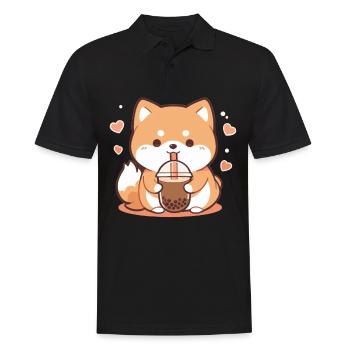 Kawaii Corgi Dog Drinks Boba Bubble Tea Chibi - Polo Homme - noir - Devant - Kai (181cm)