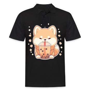 Kawaii Corgi Dog Drinks Boba Bubble Tea Chibi - Polo Homme - noir - Devant - Kai (181cm)