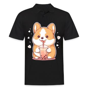 Kawaii Corgi Dog Drinks Boba Bubble Tea Chibi - Polo Homme - noir - Devant - Kai (181cm)