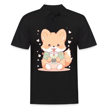 Kawaii Corgi Dog Drinks Boba Bubble Tea Chibi - Polo Homme - noir - Devant - Kai (181cm)