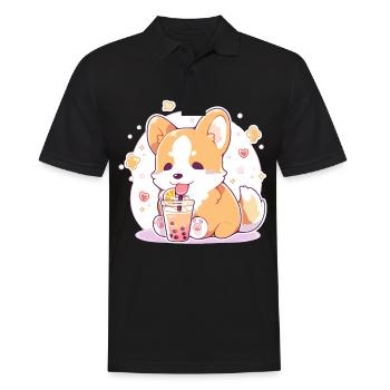 Kawaii Corgi Dog Drinks Boba Bubble Tea Chibi - Polo Homme - noir - Devant - Kai (181cm)