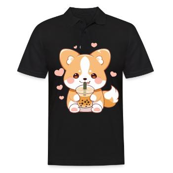 Kawaii Corgi Dog Drinks Boba Bubble Tea Chibi - Polo Homme - noir - Devant - Kai (181cm)