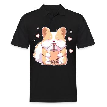 Kawaii Corgi Dog Drinks Boba Bubble Tea Chibi - Polo Homme - noir - Devant - Kai (181cm)