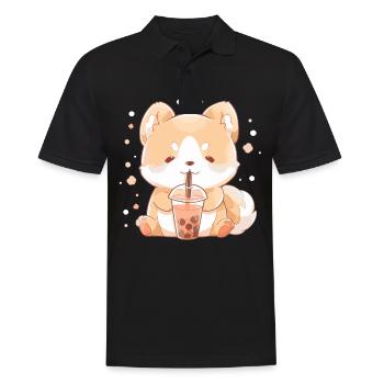 Kawaii Corgi Dog Drinks Boba Bubble Tea Chibi - Polo Homme - noir - Devant - Kai (181cm)