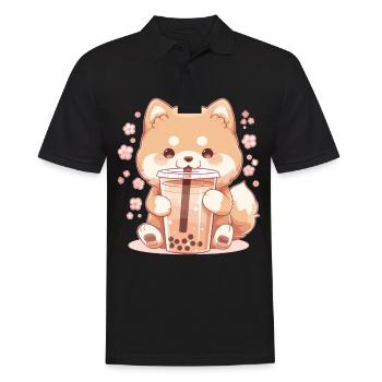 Kawaii Corgi Dog Drinks Boba Bubble Tea Chibi - Polo Homme - noir - Devant - Kai (181cm)