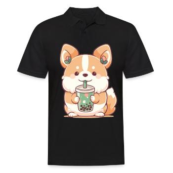 Kawaii Corgi Dog Drinks Boba Bubble Tea Chibi - Polo Homme - noir - Devant - Kai (181cm)