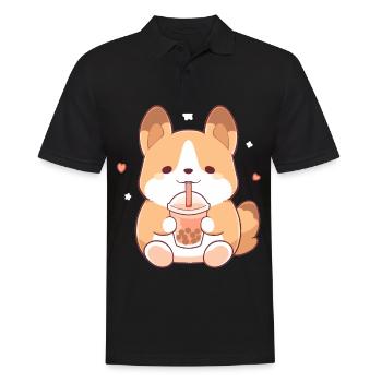 Kawaii Corgi Dog Drinks Boba Bubble Tea Chibi - Polo Homme - noir - Devant - Kai (181cm)