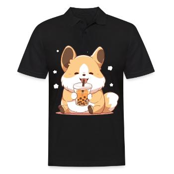 Kawaii Corgi Dog Drinks Boba Bubble Tea Chibi - Polo Homme - noir - Devant - Kai (181cm)