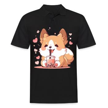 Kawaii Corgi Dog Drinks Boba Bubble Tea Chibi - Polo Homme - noir - Devant - Kai (181cm)