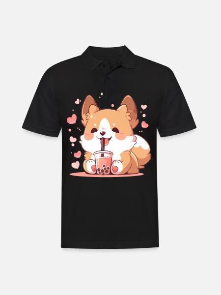 Kawaii Corgi Dog Drinks Boba Bubble Tea Chibi - Men's Polo Shirt - black
