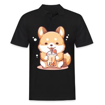 Kawaii Corgi Dog Drinks Boba Bubble Tea Chibi - Polo Homme - noir - Devant - Kai (181cm)