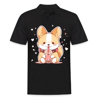Kawaii Corgi Dog Drinks Boba Bubble Tea Chibi - Polo Homme - noir - Devant - Kai (181cm)