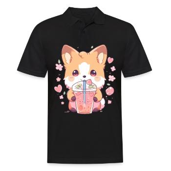 Kawaii Corgi Dog Drinks Boba Bubble Tea Chibi - Polo Homme - noir - Devant - Kai (181cm)
