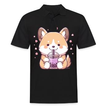 Kawaii Corgi Dog Drinks Boba Bubble Tea Chibi - Polo Homme - noir - Devant - Kai (181cm)