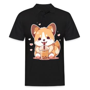 Kawaii Corgi Dog Drinks Boba Bubble Tea Chibi - Polo Homme - noir - Devant - Kai (181cm)