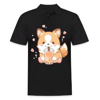 Kawaii Corgi Dog Drinks Boba Bubble Tea Chibi - Polo Homme - noir - Devant - Kai (181cm)