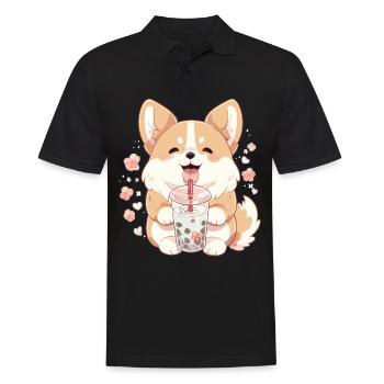 Kawaii Corgi Dog Drinks Boba Bubble Tea Chibi - Polo Homme - noir - Devant - Kai (181cm)