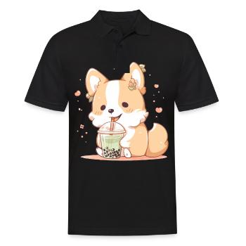 Kawaii Corgi Dog Drinks Boba Bubble Tea Chibi - Polo Homme - noir - Devant - Kai (181cm)