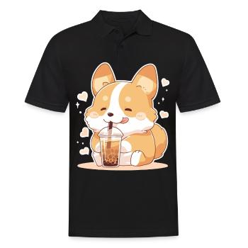Kawaii Corgi Dog Drinks Boba Bubble Tea Chibi - Polo Homme - noir - Devant - Kai (181cm)