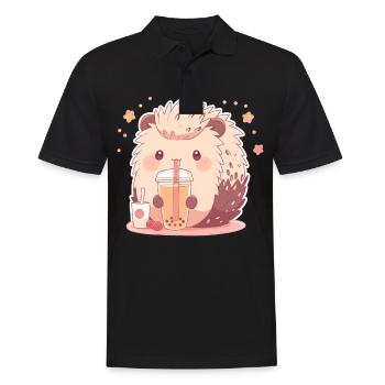 Kawaii Hérisson Boissons Boba Bubble Tea Chibi - Polo Homme - noir - Devant - Kai (181cm)