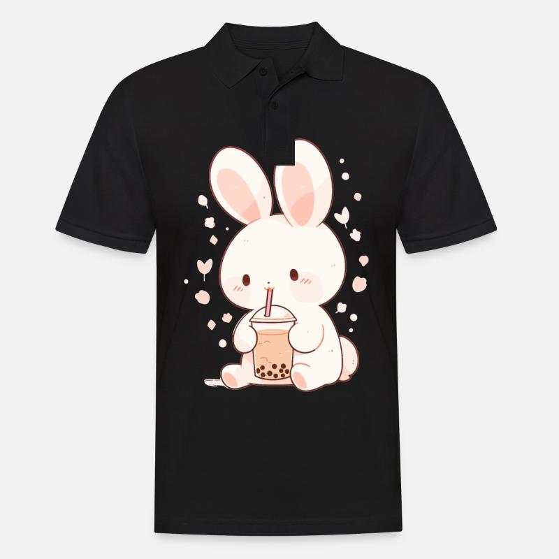 Kawaii Hase trinkt Boba Bubble Tea Chibi - Männer Poloshirt - Schwarz