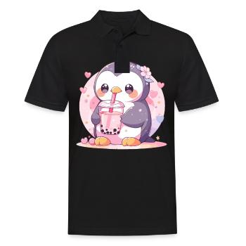 Kawaii Pinguin trinkt Boba Bubble Tea Chibi - Männer Poloshirt - Schwarz - Vorne - Kai (181cm)